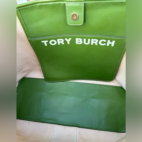 Tory Burch Ella Printed Canvas Tote Bag Floral Green Leather Straps - Picture 2 of 12